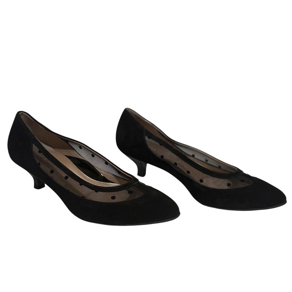 BeautiFeel Shoes - BeautiFeel Black Suede Mesh Polka Dot Kitten Heel Pumps Women's Size 8.5